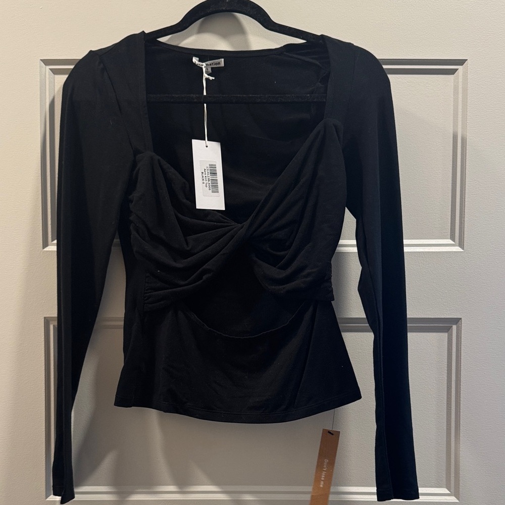 Reformation Black Long-Sleeve Twist-Front Top